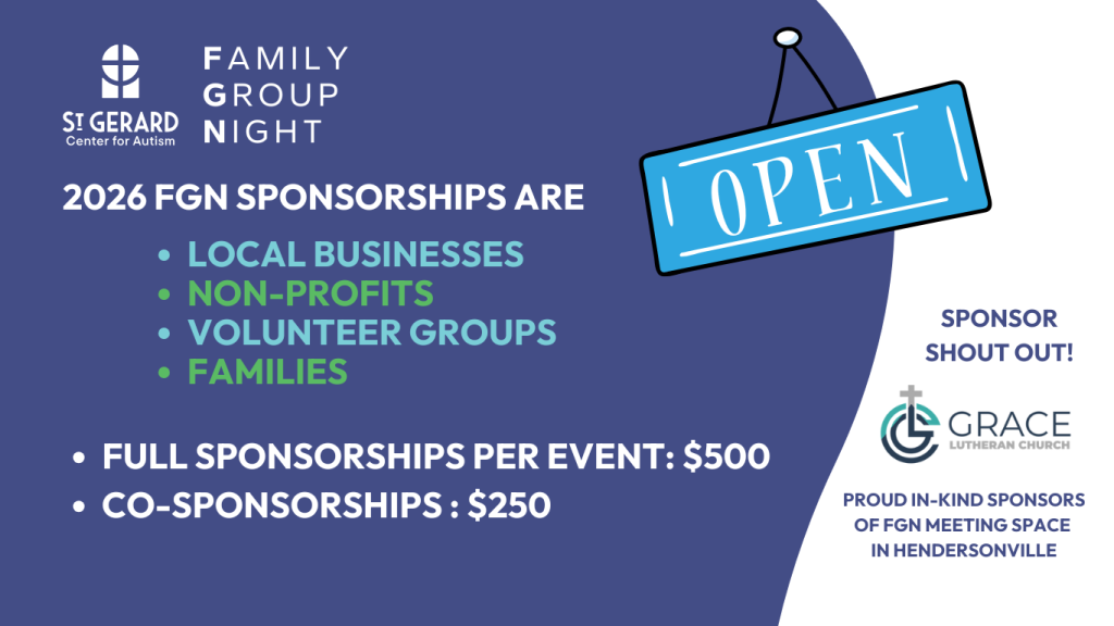 Alt text: "Family Group Night sponsorship invitation by St. Gerard Center for Autism. Open to local businesses, non-profits, volunteer groups, and families. Sponsorship costs: full $500, co-sponsor $250. Grace Lutheran Church featured as a sponsor."